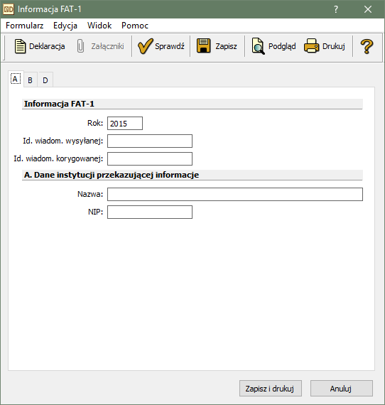 FATCA - Główne okno formularza FAT-1