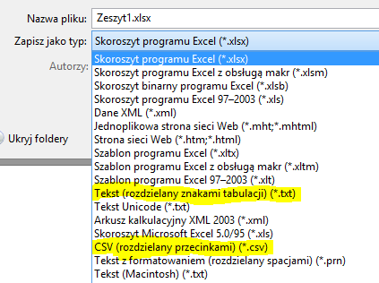 typy plików przy zapisie arkusza