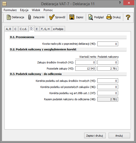 Okno do wypełniania deklaracji podatkowej VAT-7